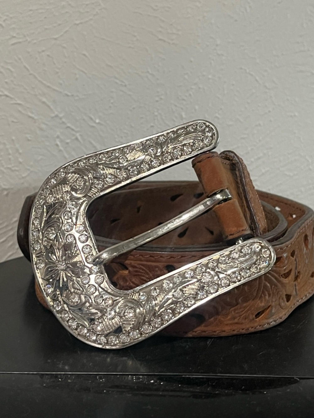 Tony Lama Brown Leather Belt with Ornate Silver Floral Buckle